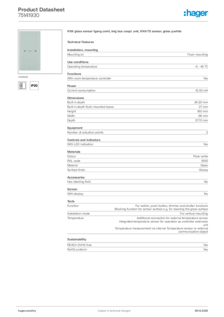 Image Hager Product data sheet 75141930  | Hager