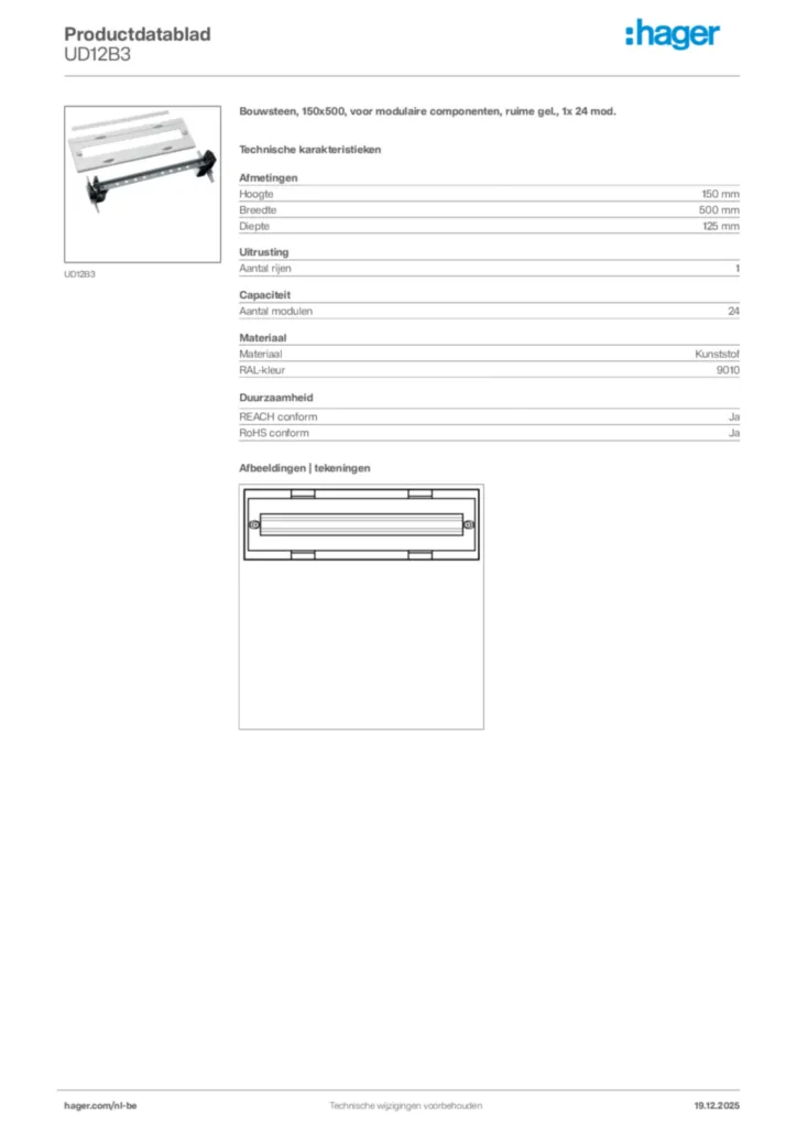 Afbeelding Hager Productdatablad UD12B3 | Hager Belgium