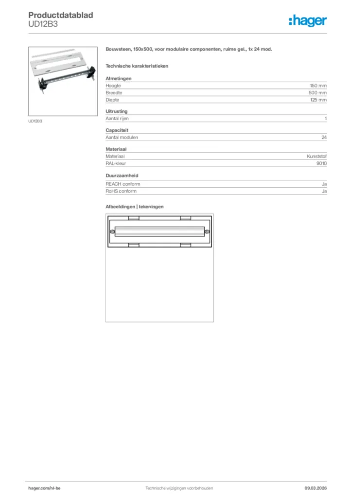 Afbeelding Hager Productdatablad UD12B3 | Hager Belgium
