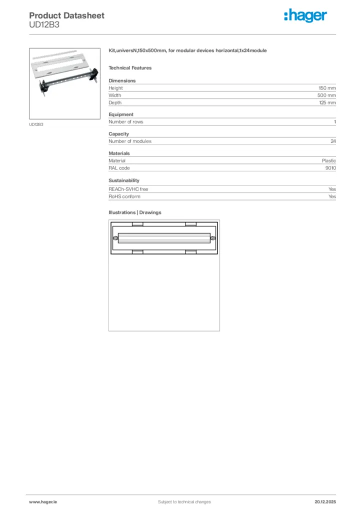 Image Hager Product data sheet UD12B3  | Hager