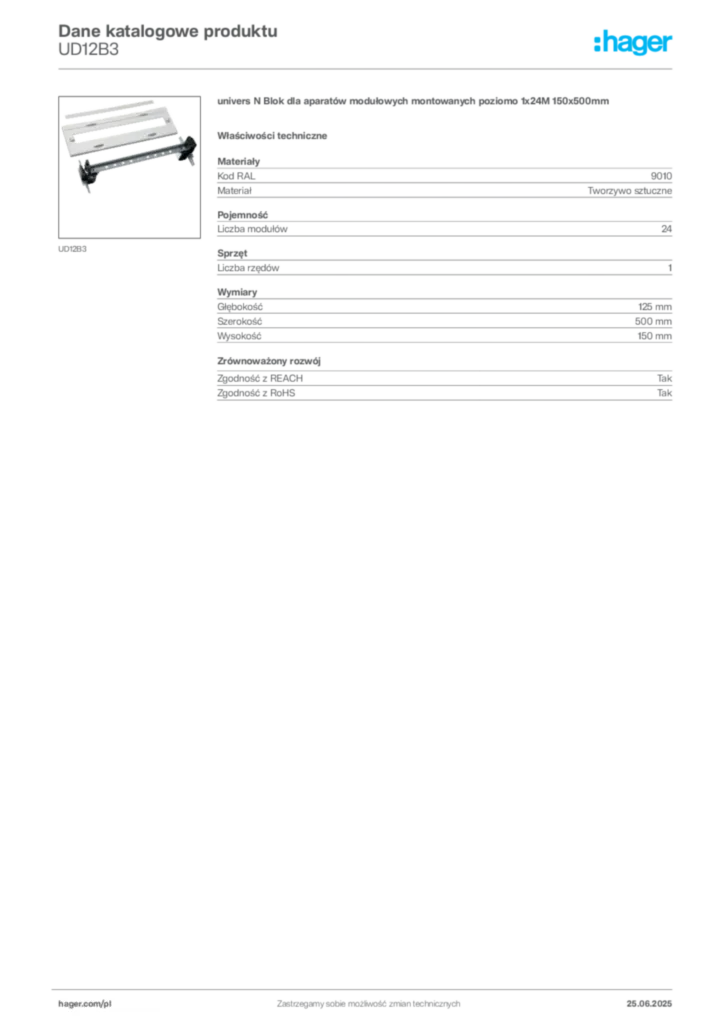 Zdjęcie Hager Karta katalogowa UD12B3 | Hager Polska