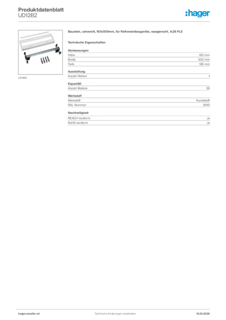 Bild Hager Produktdatenblatt UD12B2 | Hager Schweiz