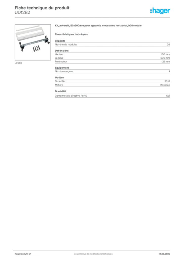Image Hager Fiche technique du produit UD12B2 | Hager Suisse