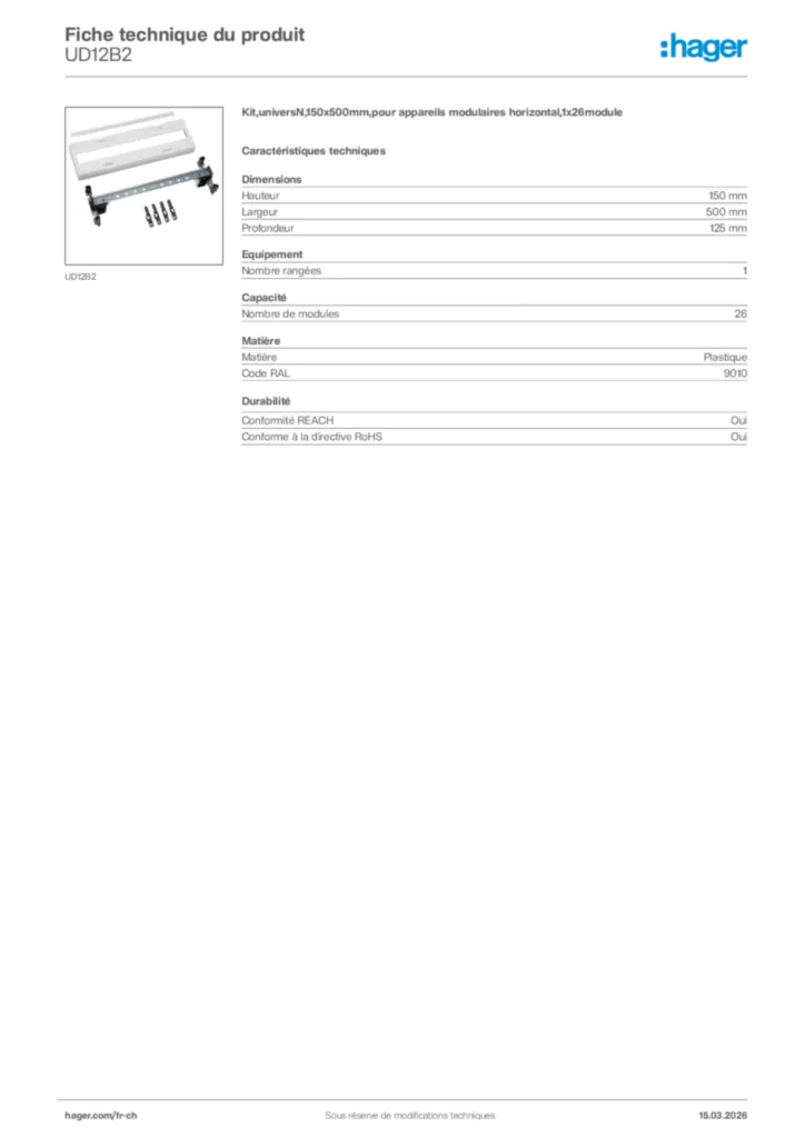 Image Hager Fiche technique du produit UD12B2 | Hager Suisse