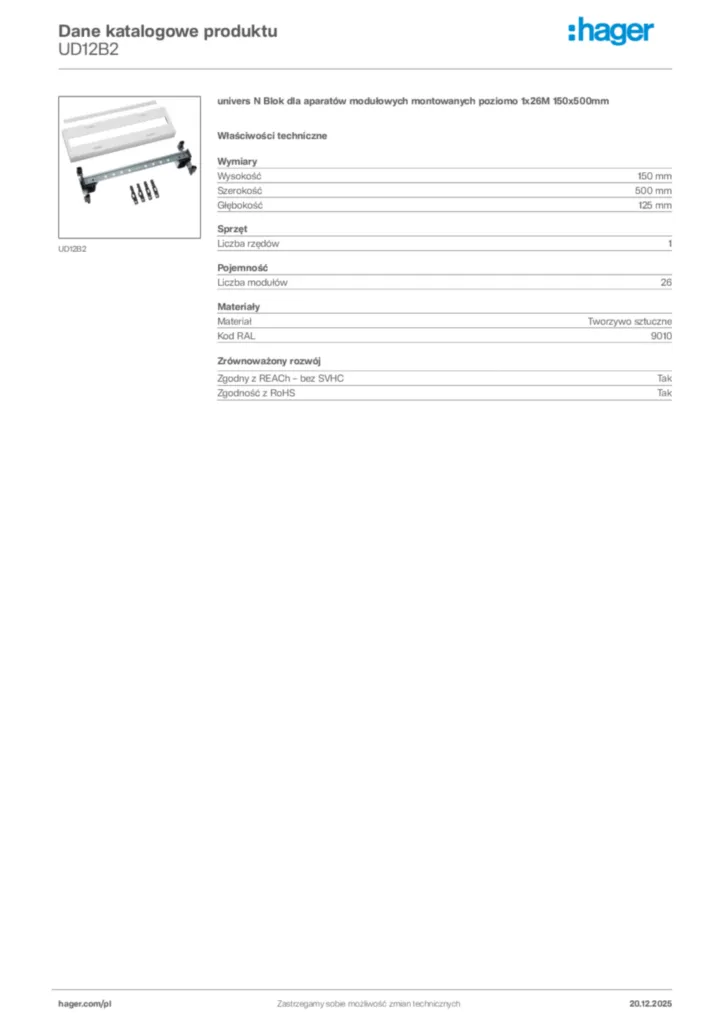 Zdjęcie Hager Karta katalogowa UD12B2 | Hager Polska