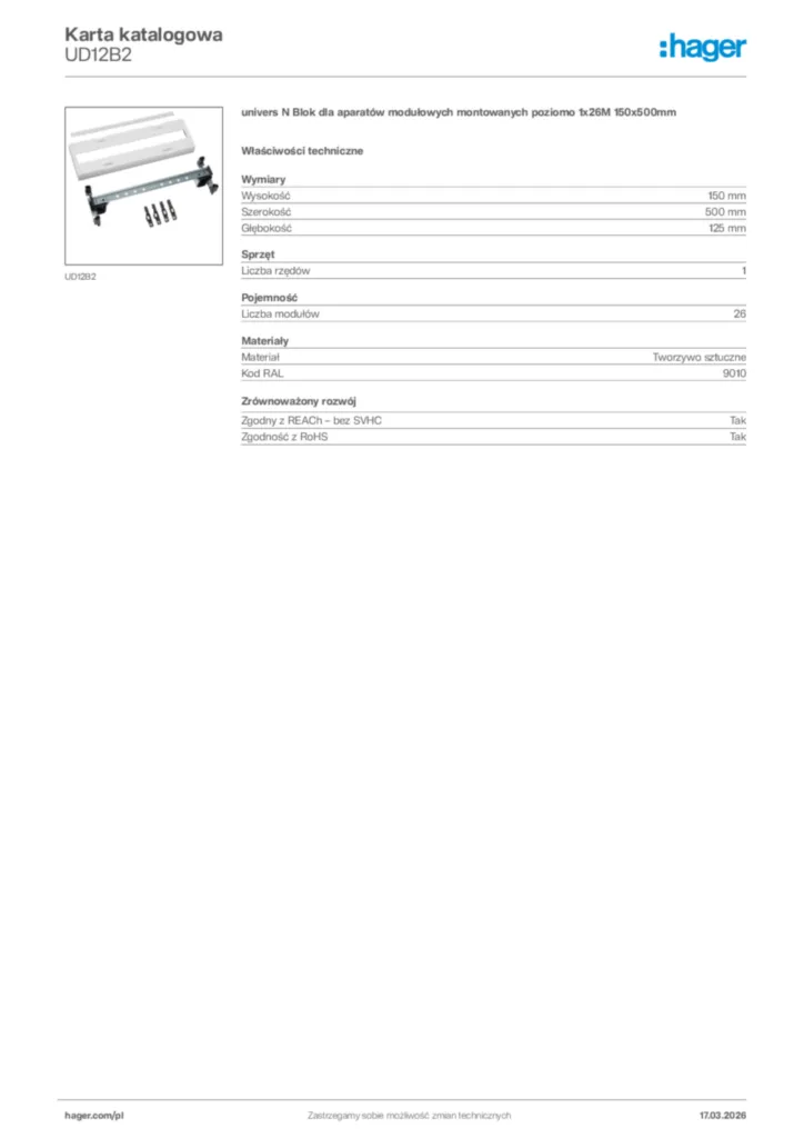 Zdjęcie Hager Karta katalogowa UD12B2 | Hager Polska