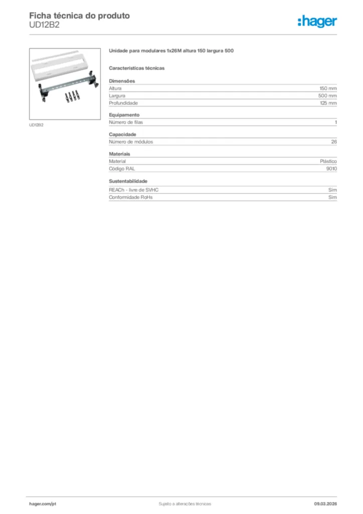 Imagem Hager Ficha técnica do produto UD12B2 | Hager Portugal