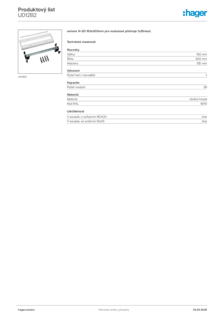 Obrázek Hager Product data sheet UD12B2 | Hager