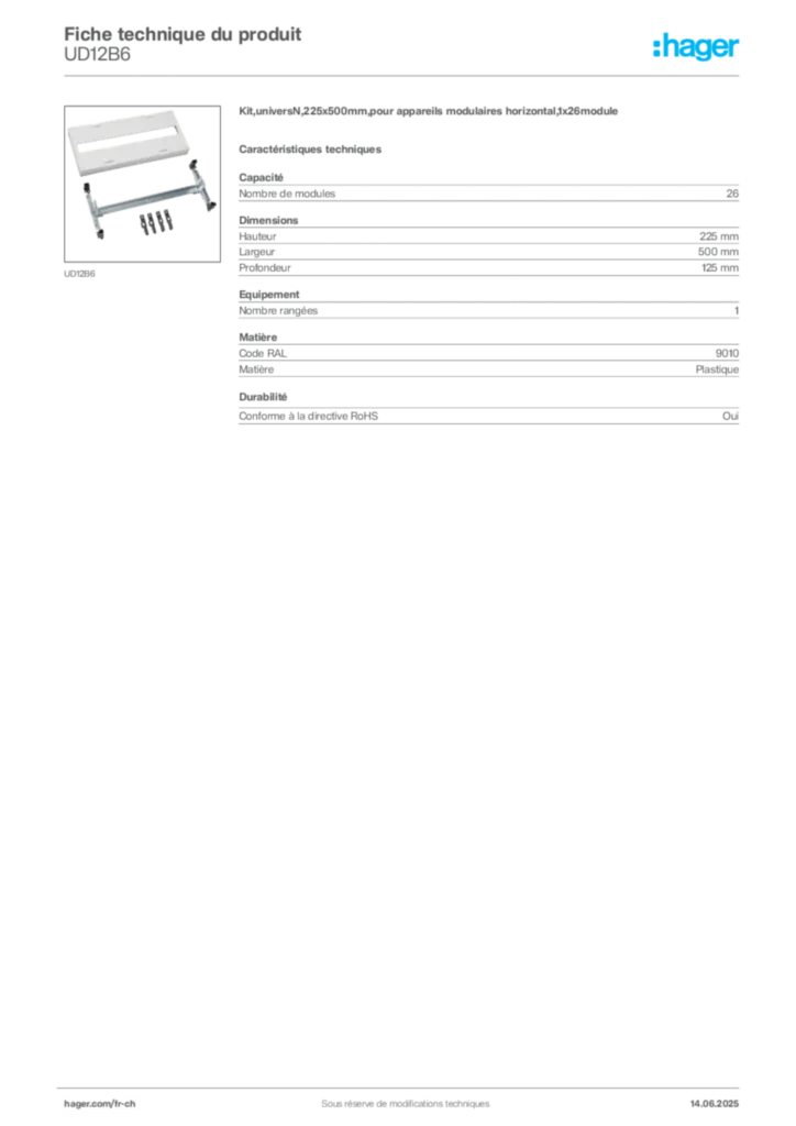 Image Hager Fiche technique du produit UD12B6 | Hager Suisse