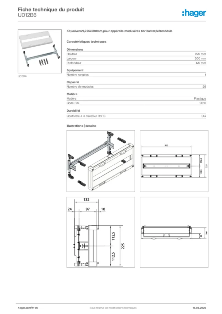 Image Hager Fiche technique du produit UD12B6 | Hager Suisse
