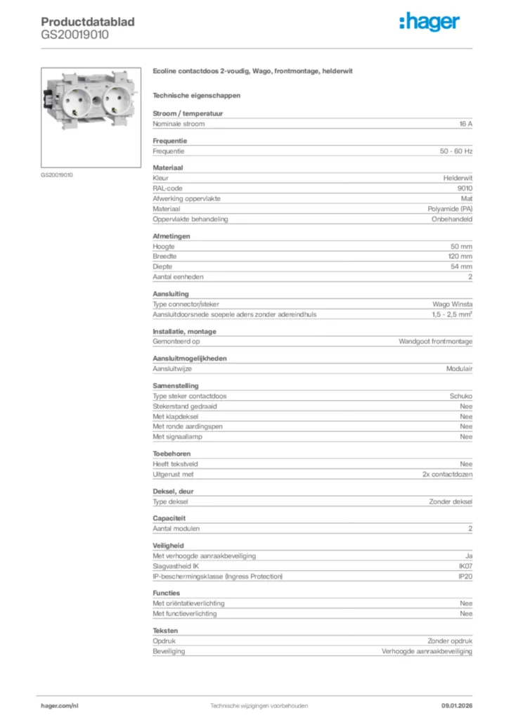 Afbeelding Hager Productdatablad GS20019010 | Hager Nederland