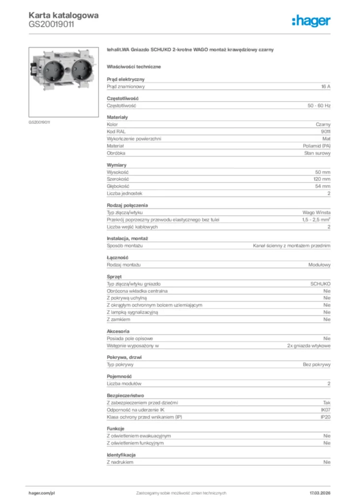 Zdjęcie Hager Karta katalogowa GS20019011 | Hager Polska