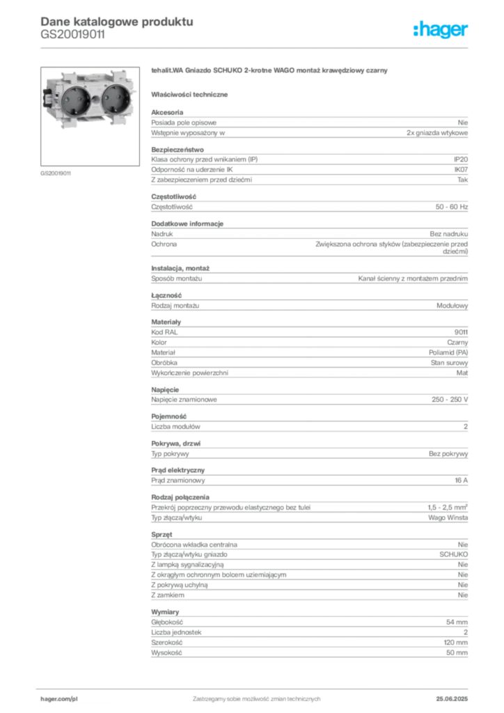 Zdjęcie Hager Karta katalogowa GS20019011 | Hager Polska