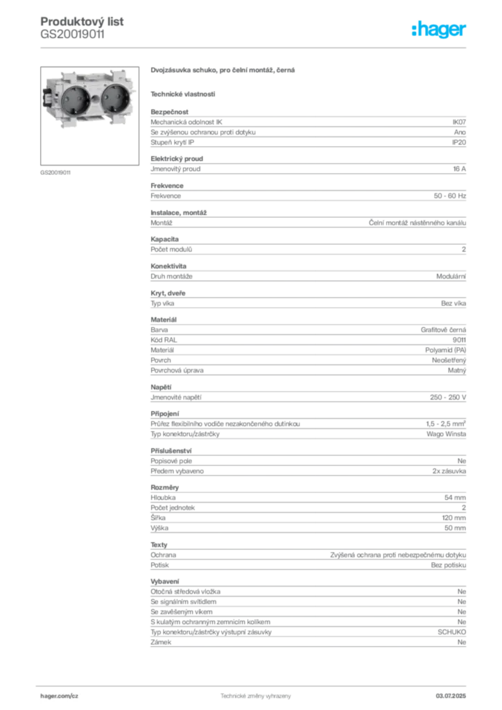 Obrázek Hager Produktový list GS20019011 | Hager