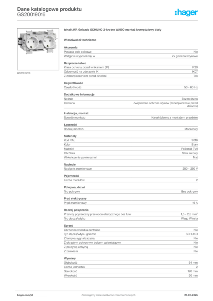 Zdjęcie Hager Karta katalogowa GS20019016 | Hager Polska