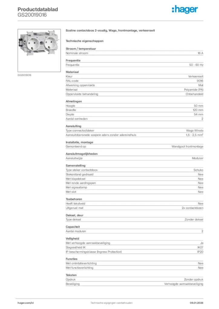 Afbeelding Hager Productdatablad GS20019016 | Hager Nederland