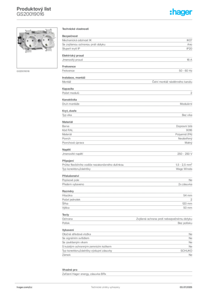 Obrázek Hager Produktový list GS20019016 | Hager