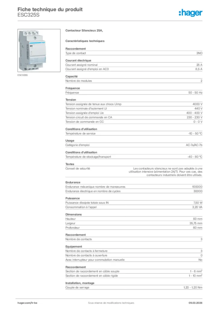 Image Hager Fiche technique du produit ESC325S | Hager Belgique