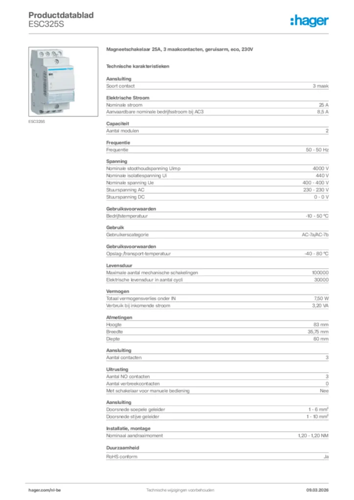 Afbeelding Hager Productdatablad ESC325S | Hager Belgium
