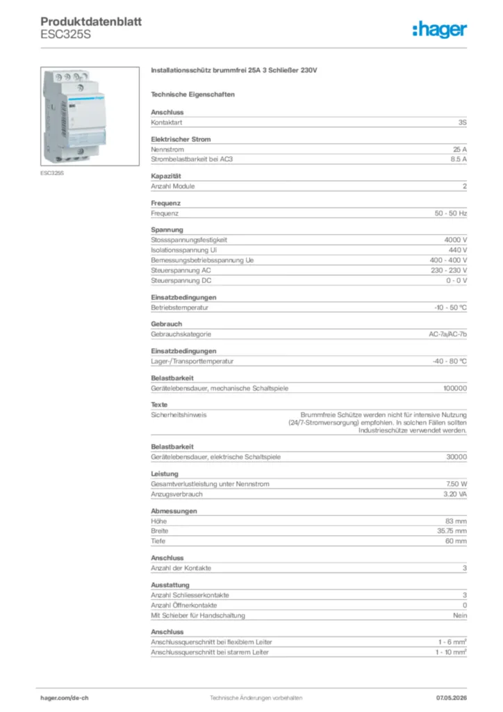 Bild Hager Produktdatenblatt ESC325S | Hager Schweiz