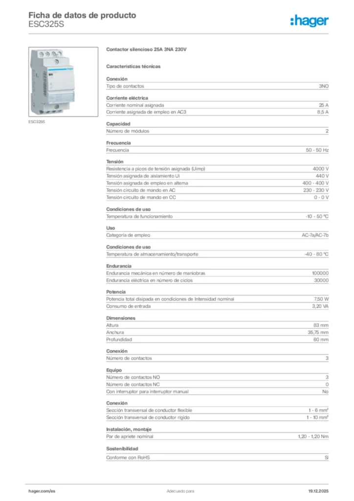 Imagen Hager Ficha de datos de producto ESC325S | Hager España