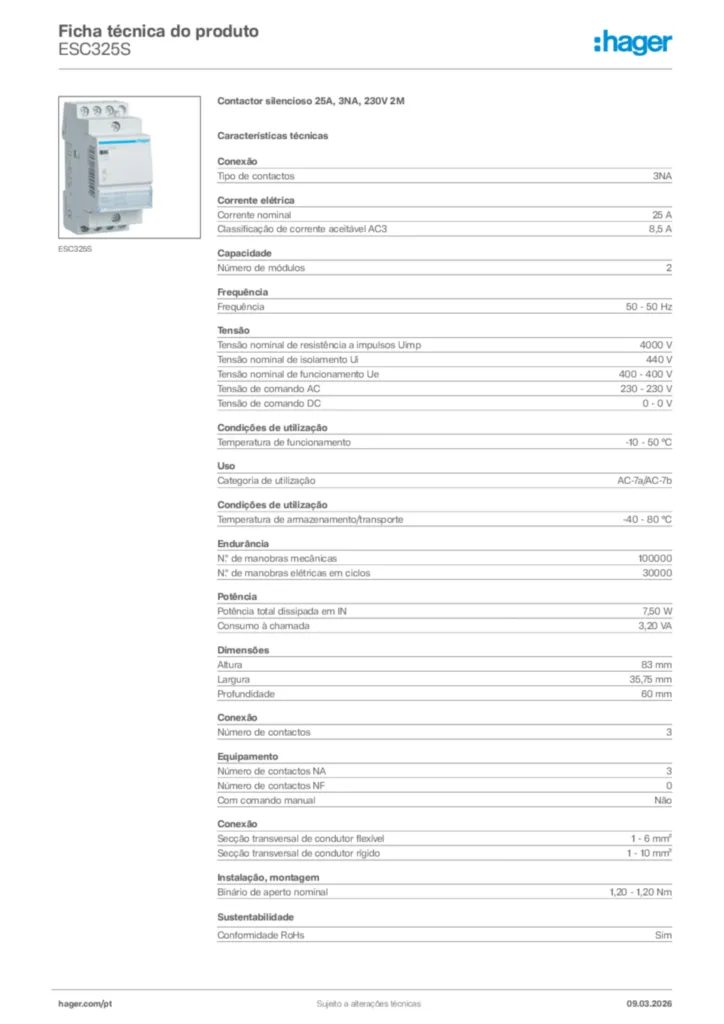Imagem Hager Ficha técnica do produto ESC325S | Hager Portugal