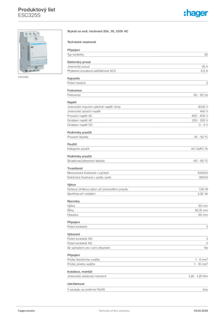 Obrázek Hager Product data sheet ESC325S | Hager