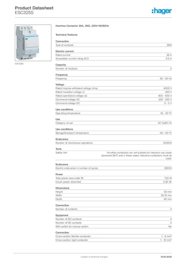 Image Hager Product data sheet ESC325S  | Hager Africa