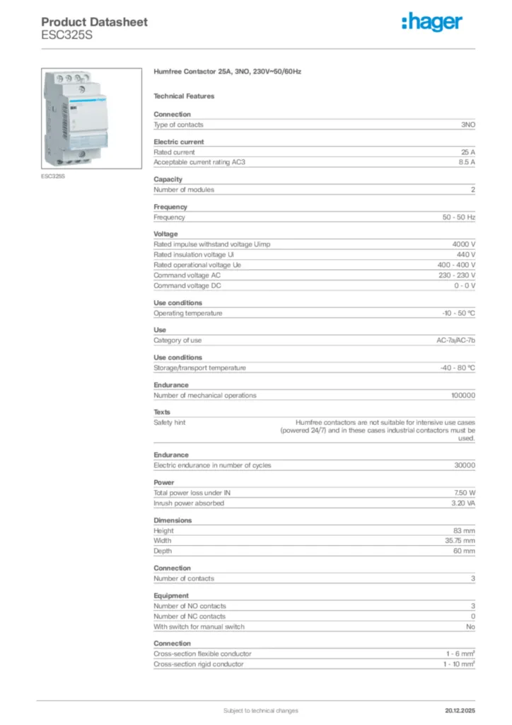 Image Hager Product data sheet ESC325S  | Hager Africa