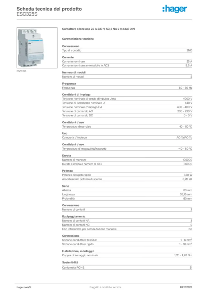 Immagine Hager Scheda tecnica del prodotto ESC325S | Hager Italia