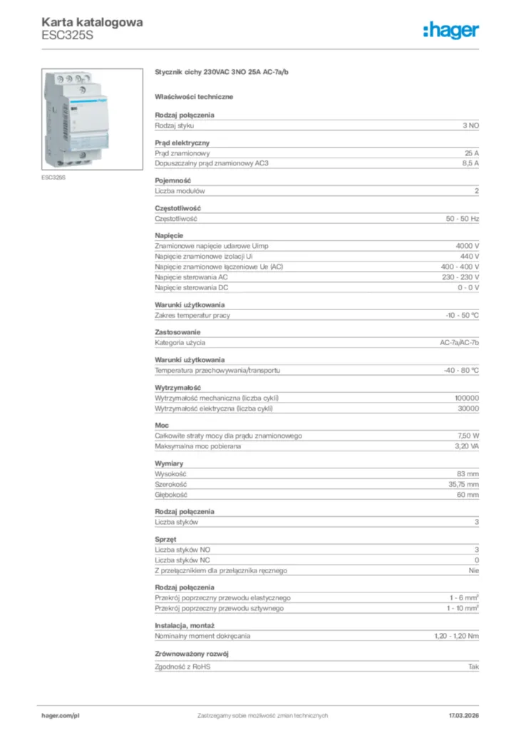 Zdjęcie Hager Karta katalogowa ESC325S | Hager Polska