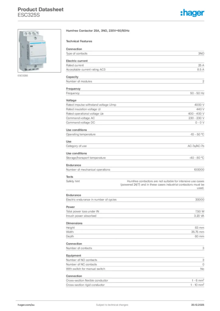 Image Hager Product data sheet ESC325S  | Hager Australia