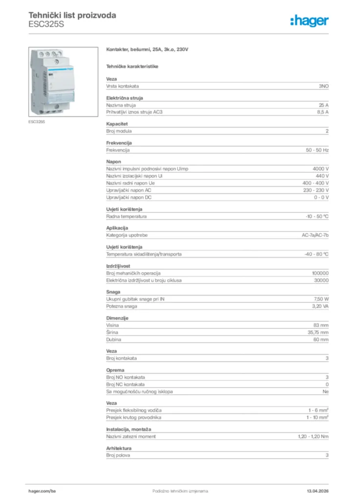 Slika Hager Tehnički list proizvoda ESC325S  | Hager