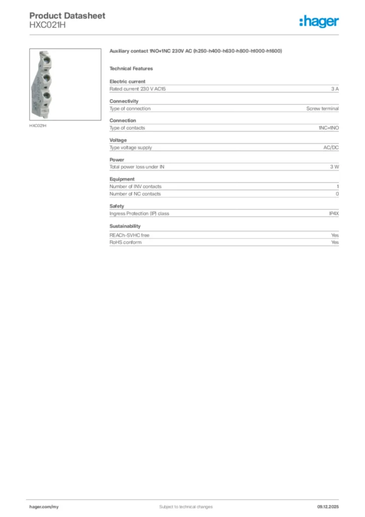 Image Hager Product data sheet HXC021H  | Hager