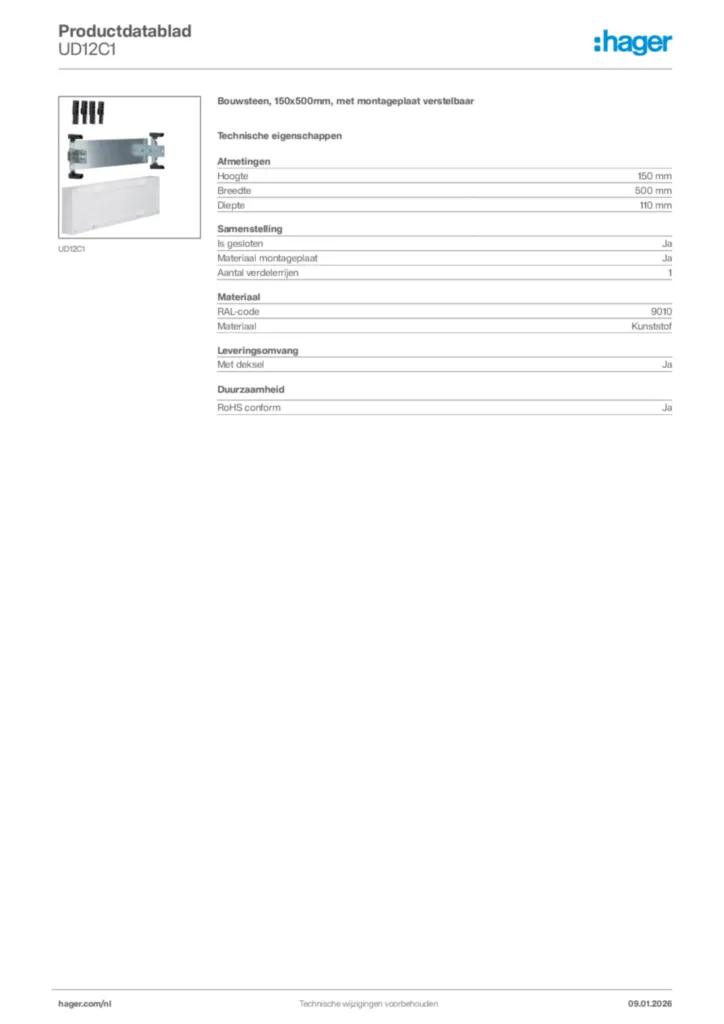 Afbeelding Hager Productdatablad UD12C1 | Hager Nederland