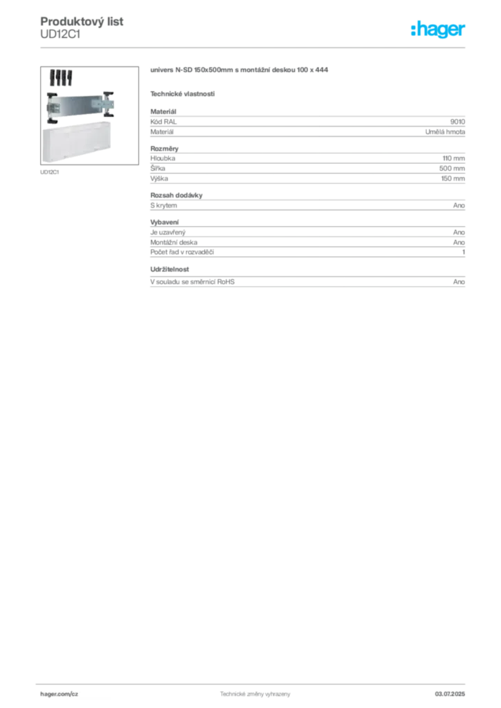 Obrázek Hager Produktový list UD12C1 | Hager