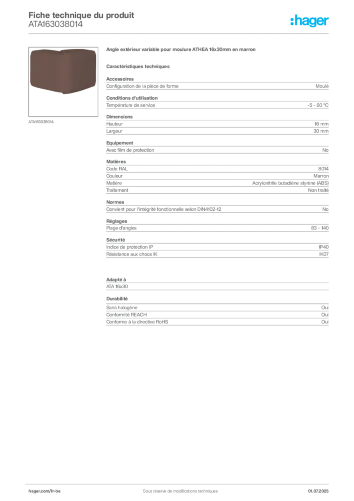 Image Hager Fiche technique du produit ATA163038014 | Hager Belgique