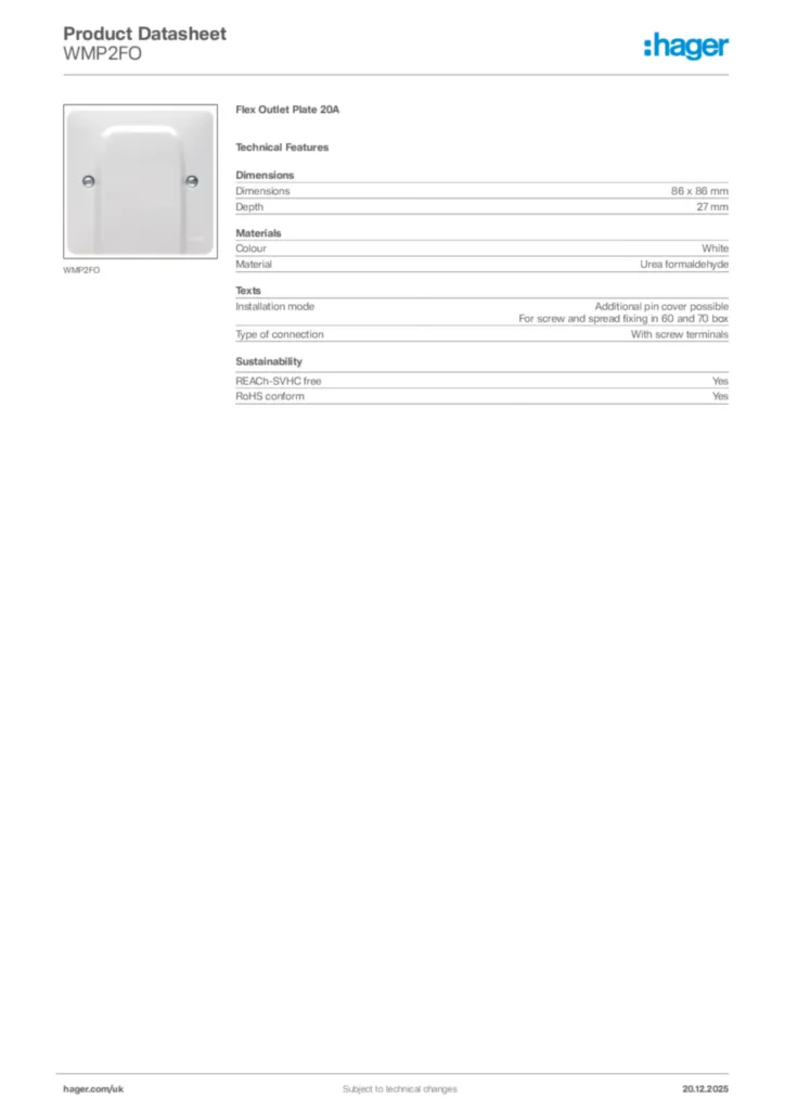 Image Hager Product data sheet WMP2FO  | Hager
