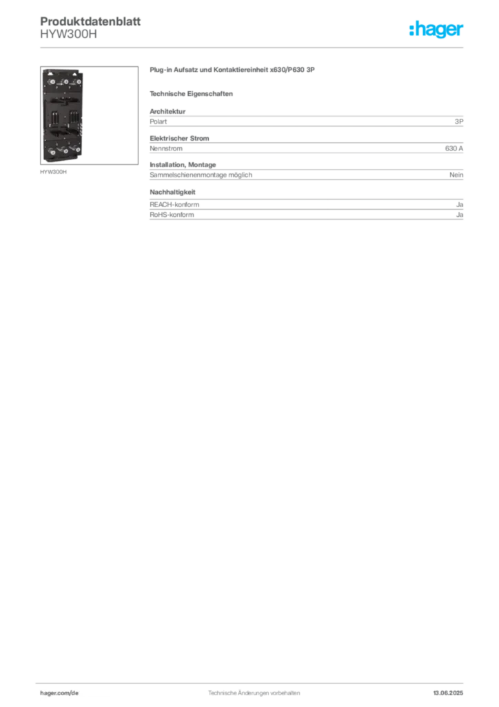 Bild Hager Produktdatenblatt HYW300H | Hager Deutschland