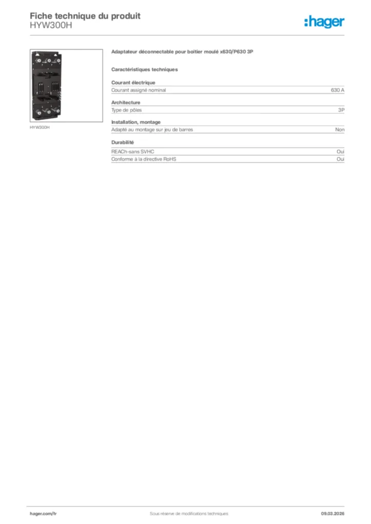 Image Hager Fiche technique du produit HYW300H | Hager France