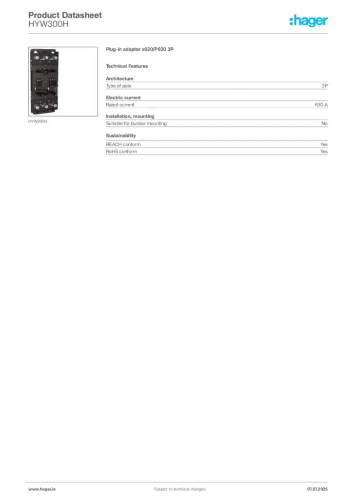 Image Hager Product data sheet HYW300H  | Hager