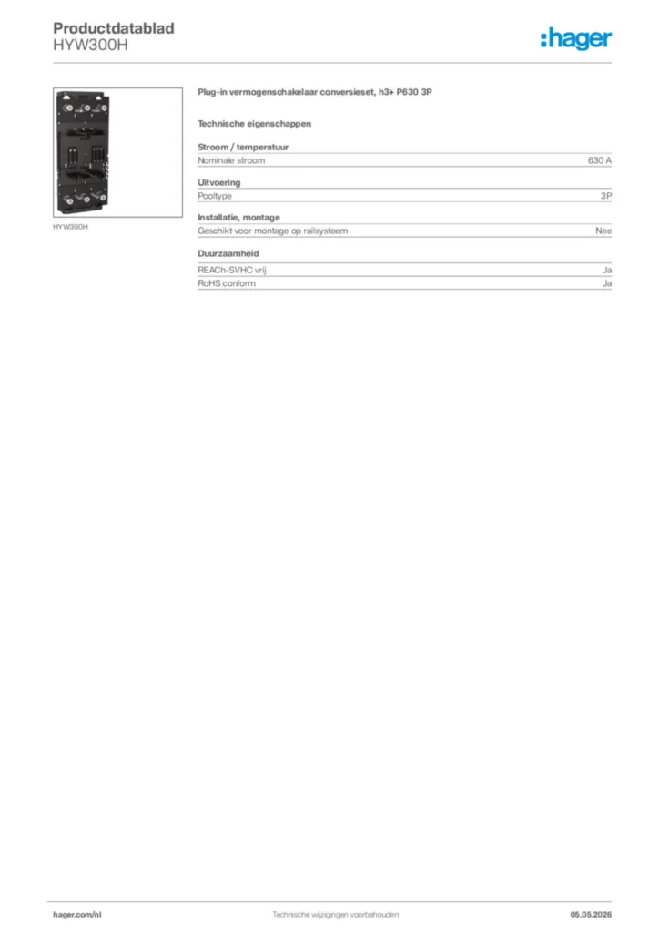 Afbeelding Hager Productdatablad HYW300H | Hager Nederland