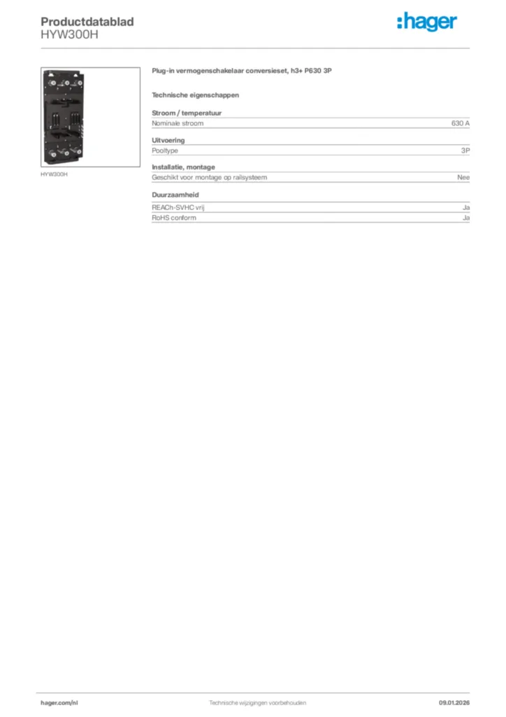 Afbeelding Hager Productdatablad HYW300H | Hager Nederland