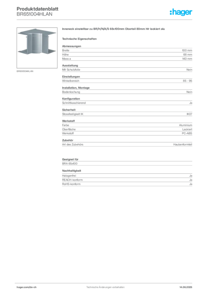 Bild Hager Produktdatenblatt BR651004HLAN | Hager Schweiz