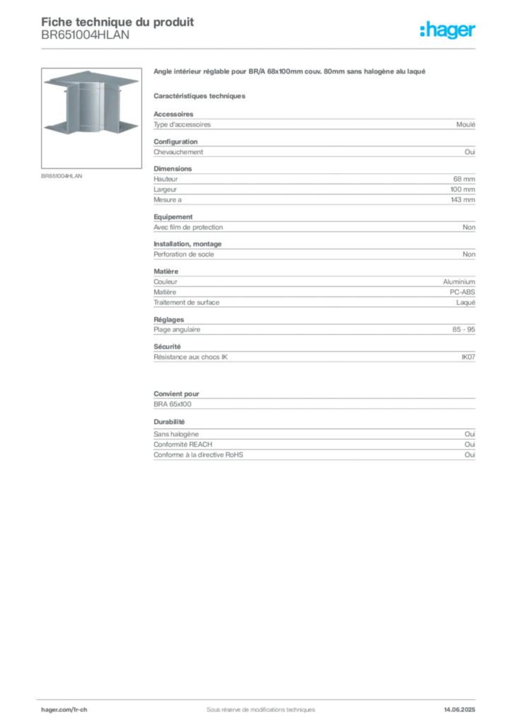 Image Hager Fiche technique du produit BR651004HLAN | Hager Suisse