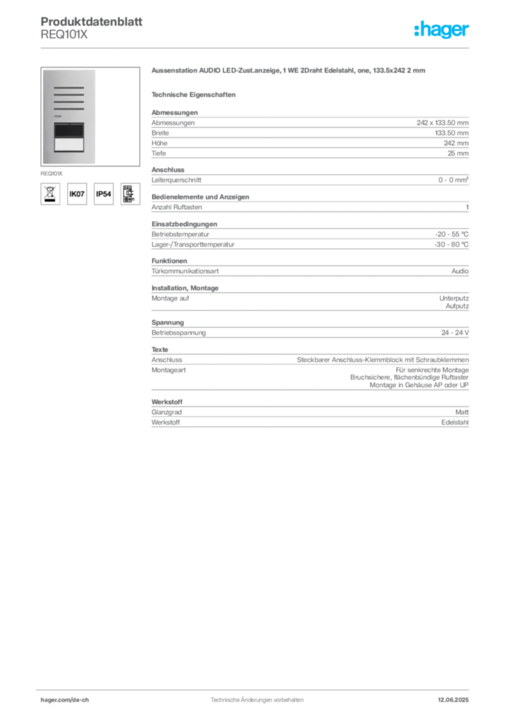 Bild Hager Produktdatenblatt REQ101X | Hager Schweiz