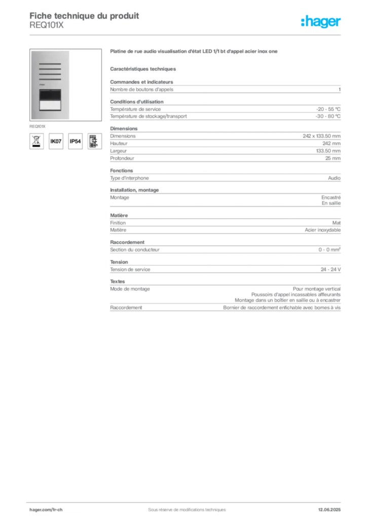 Image Hager Fiche technique du produit REQ101X | Hager Suisse