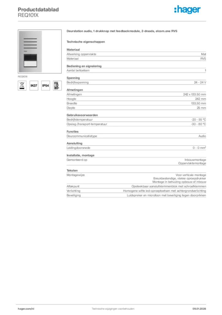 Afbeelding Hager Productdatablad REQ101X | Hager Nederland