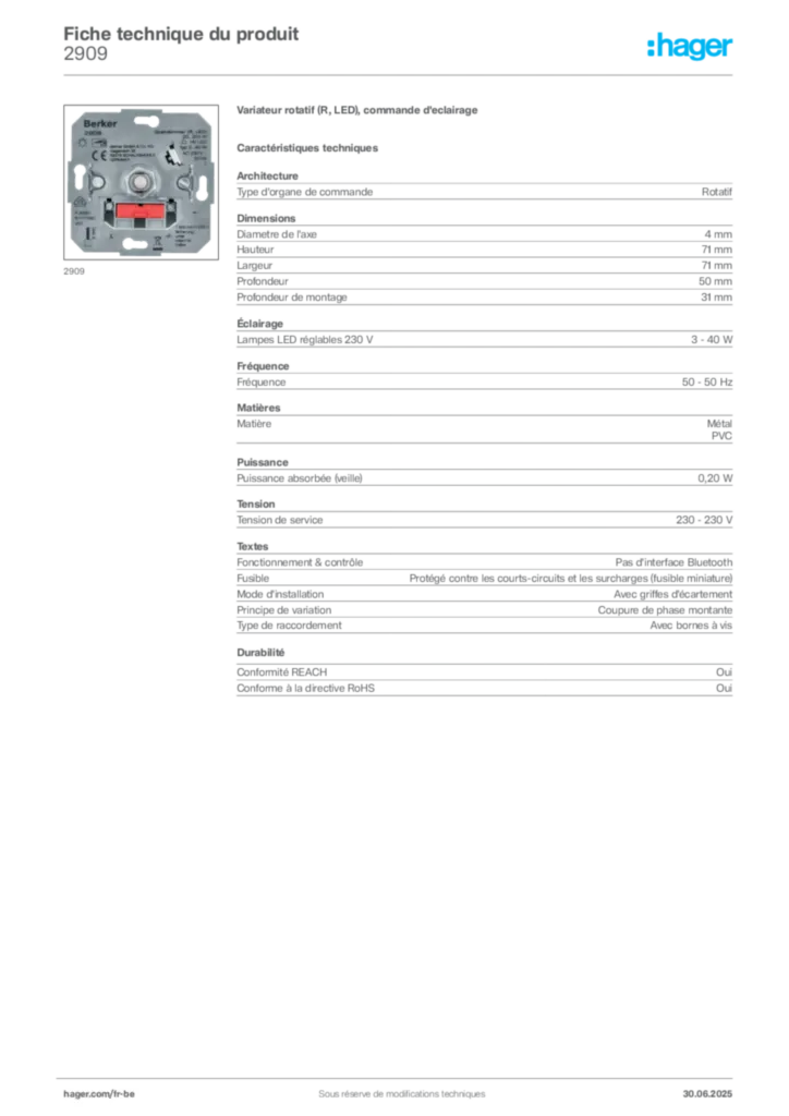 Image Hager Fiche technique du produit 2909 | Hager Belgique