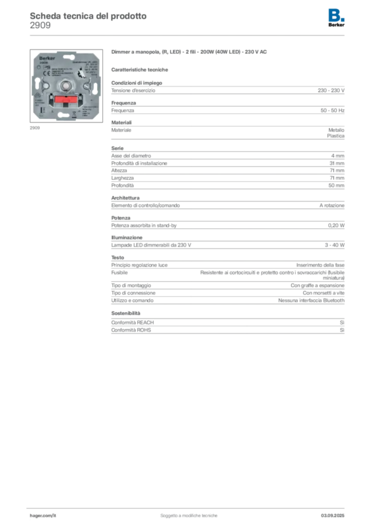 Immagine Berker Scheda tecnica del prodotto 2909 | Hager Italia